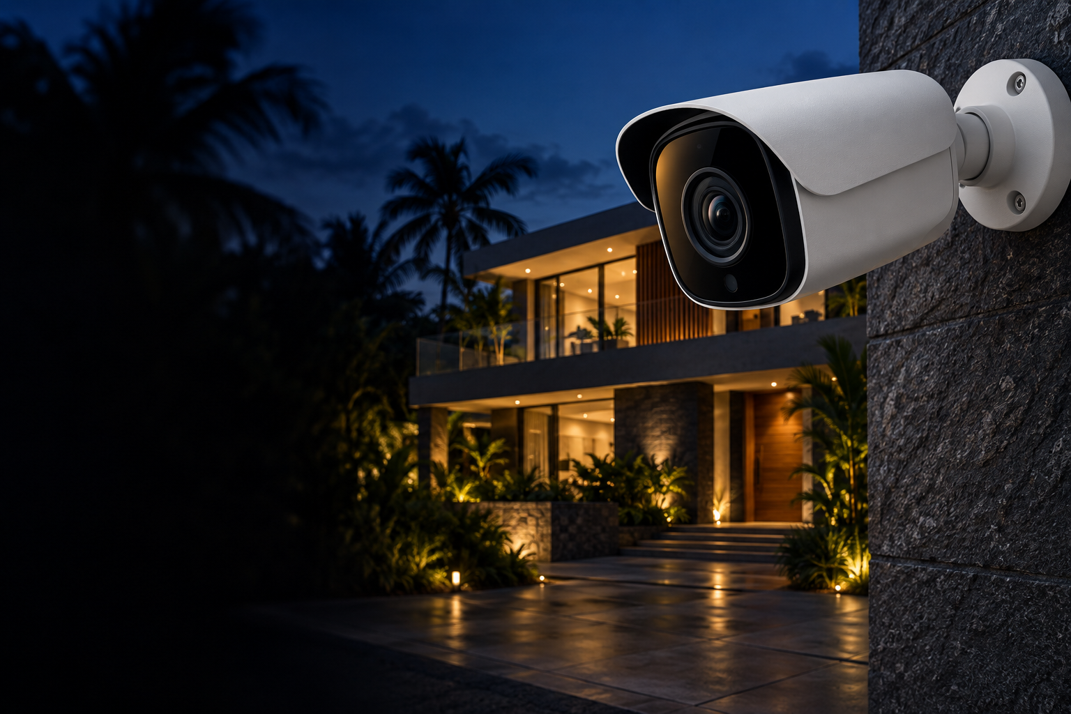 Composición ilustrativa de una cámara de seguridad frente a una vivienda al anochecer