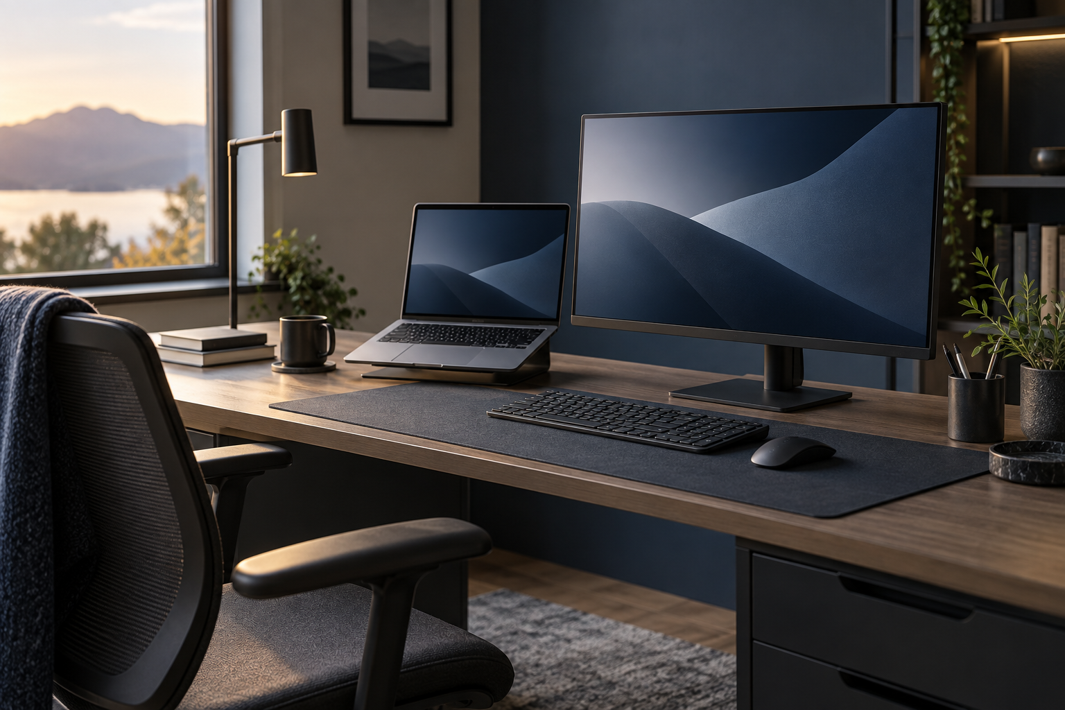 Imagen ilustrativa de un espacio de trabajo con laptop, monitor y accesorios