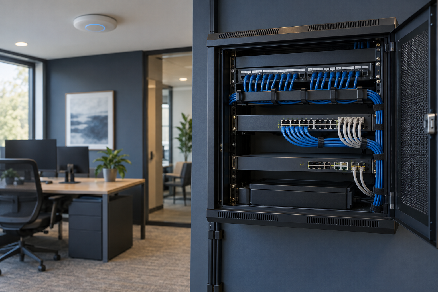 Imagen ilustrativa de un rack de red organizado y un access point en una oficina