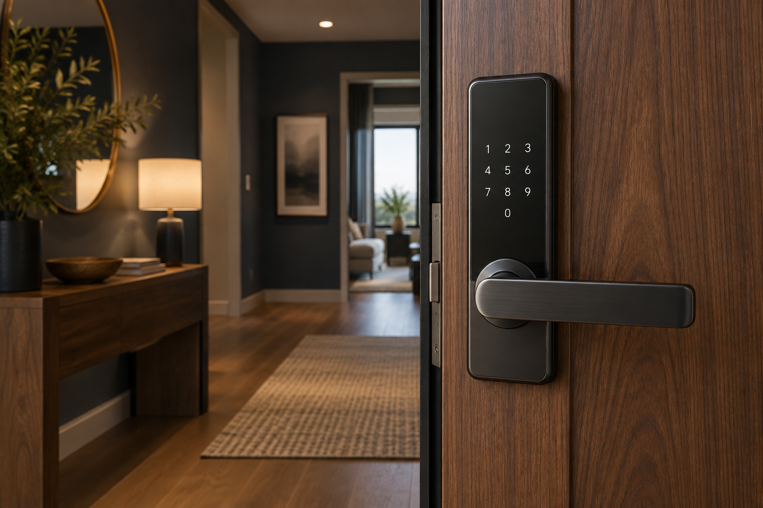Imagen ilustrativa de una cerradura inteligente instalada en una puerta de madera